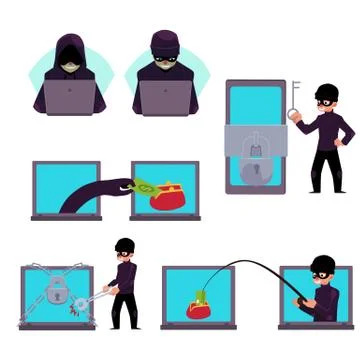 Computer hacker working on laptop, stealing money Stockillustratie