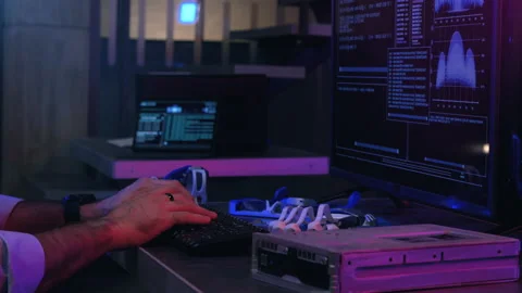 Computer Hacker Writing Code Virus PC on Keyboard Late Night Working. Stock Footage 155901969