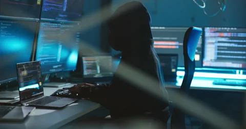 Computer, hacking and person with coding at night in control center for password Stock Footage 309822391