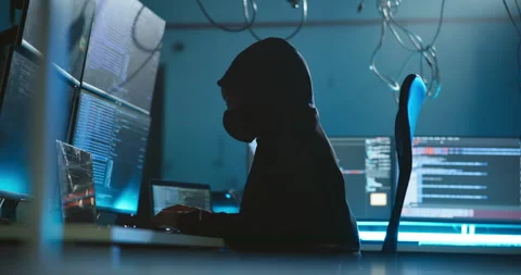 Computer, hacking and person with programming at night in control center for Stock Footage 309823128