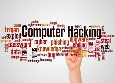 Computer hacking word cloud and hand with marker concept Stock Photos