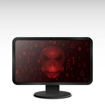 Computer hacking.Glowing red skull on a screen Illustrazione stock