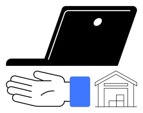 Computer, Hand, and Warehouse Abstract Representation for E-Commerce and Lo.. Stock Illustration