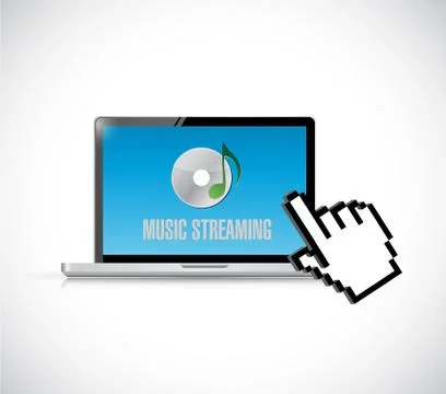 Computer, hand cursor and music streaming concept Stock Illustration