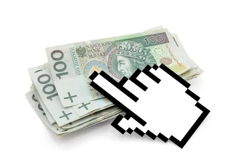 Computer hand cursor with polish money. Clipping path included. Stock Photos