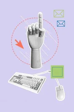 Computer hand with keyboard mouse and email icons Stock Photos