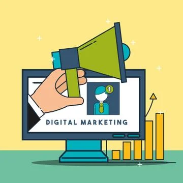 Computer with hand megaphone voice digital marketing Illustrazione stock
