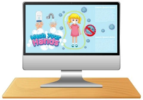 Computer with hand wash on screen Illustrazione stock