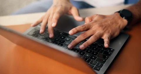 Computer, hands and man typing in office for research on creative project w.. Stock Photos