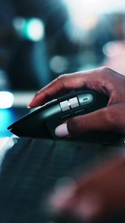 Computer, hands and mouse with programmer person at desk in office for system 스톡 동영상 333253860