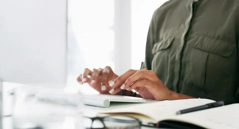 Computer, hands and typing with business person at desk in office for planning Foto stock