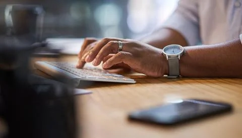 Computer, hands and typing with business person at desk in office for feedb.. Stock Photos