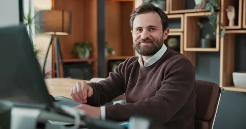 Computer, happy and face of businessman in office with research for finance Stock Footage 341573282