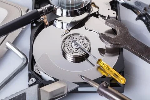 Computer hard disk and tools 스톡 사진