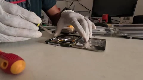 Computer hard disk is being restored by expert technician Stock Footage 247818102