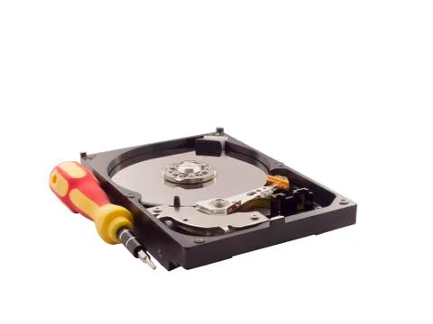 Computer hard disk drive and screwdriver. Stock Photos