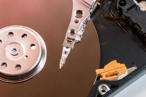 Computer hard disk drive inside, internal organization HDD, closeup Stock Photos