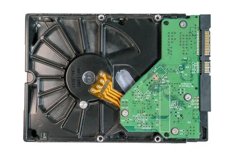 Computer hard disk drive underside PCB electronics SATA connectors Stock Photos