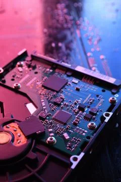 Computer Hard disk drives HDD , SSD on circuit board ,motherboard background. 스톡 사진