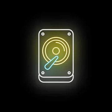 Computer hard drive neon icon data storage concept Stock Illustration