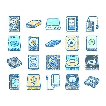 Computer hard drives and ssd digital storage devices collection Stock Illustration