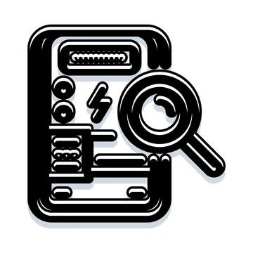 Computer hardware analysis and diagnostics magnifying search icon イラスト素材
