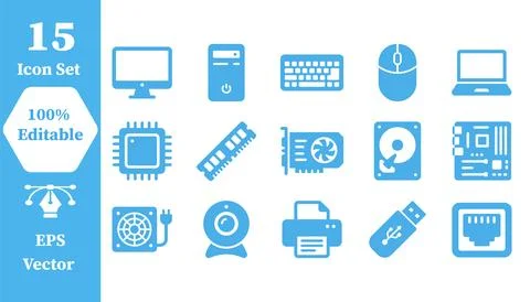 Computer hardware and digital components icon set with computer, hardware Stock-Illustration