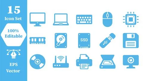 Computer hardware and peripheral device digital icon set with computer, har.. Stock Illustration