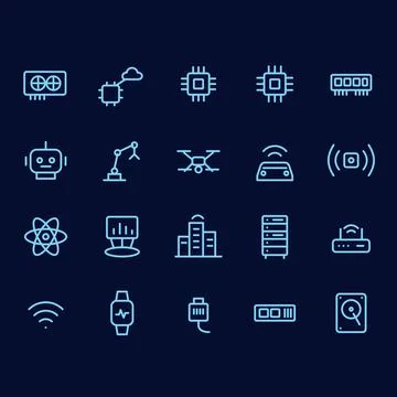 Computer hardware and smart technology line icon set with processor chip, Stock Illustration