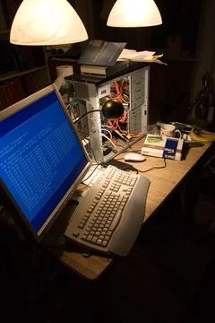Computer hardware, cables or information technology on desk, code or programming 写真素材
