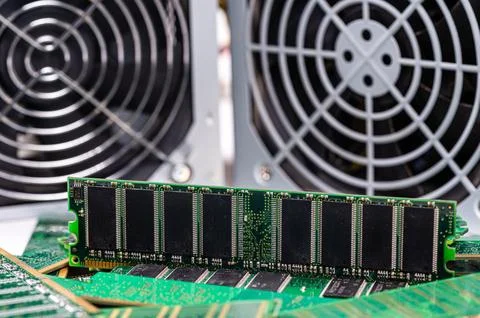 Computer hardware components showcasing RAM and cooling fans in a tech worksh Stock Photos
