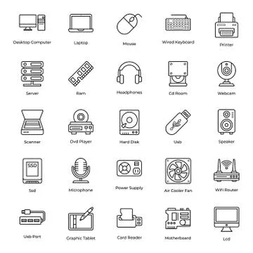 Computer Hardware Devices Line Vectors Pack Stock Illustration