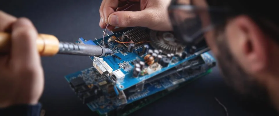 Computer hardware engineering. Engineer soldering computer motherboard 스톡 사진