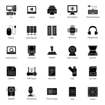 Computer Hardware Glyph Icons Pack Stock Illustration