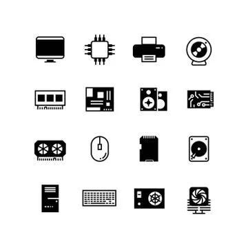 Computer hardware, hdd memory, ram, microchip, cpu vector icons Stock Illustration