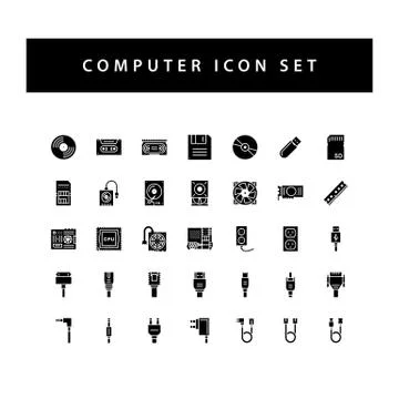 Computer hardware icon set with black color glyph style design. Stock Illustration