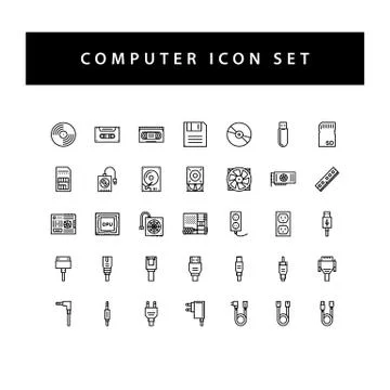 Computer hardware icon set with black color outline style design. Stock Illustration