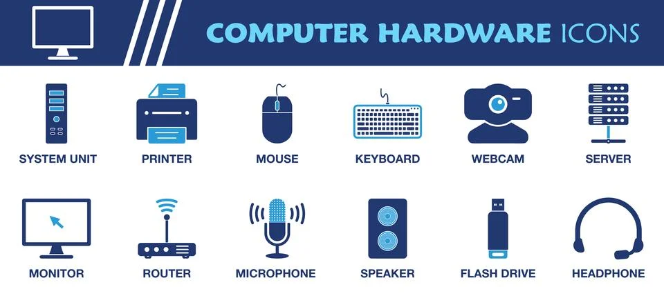 Computer Hardware Icon Set. Collection of Monitor, System Unit, Printer, We.. Illustrazione stock