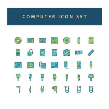 Computer hardware icon set with filled outline style design. Stockillustratie