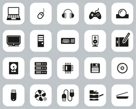 Computer Hardware Icons Black &amp; White Flat Design Set Big Stock Illustration