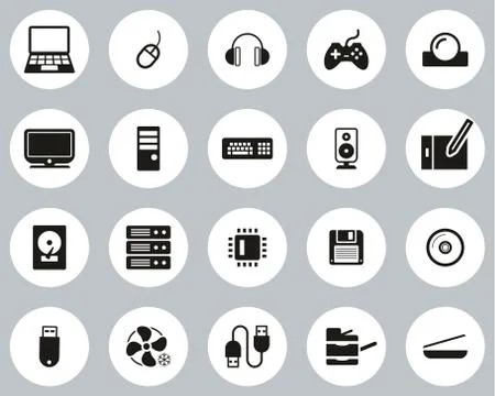 Computer Hardware Icons Black &amp; White Flat Design Circle Set Big イラスト素材