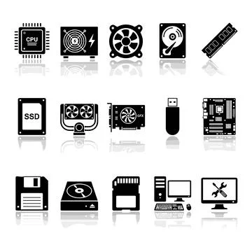 Computer hardware icons including CPU, power supply, fan, hard drive, RAM s.. Stock-Illustration