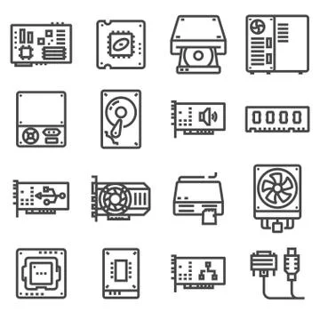 Computer Hardware Icons. PC Components. Stock Illustration
