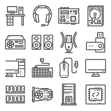 Computer Hardware Icons. PC Components. Motherboard, CPU, Harddisk, Keyboard  Illustrazione stock