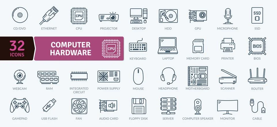 Computer Hardware Icons: PC Components and Peripherals Stock Illustration