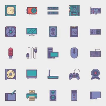 Computer hardware icons set Stock Illustration