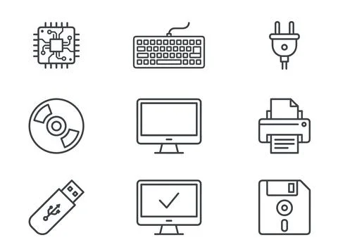 Computer hardware icons set including CPU chip, keyboard, power plug, CD di.. Stock Illustration