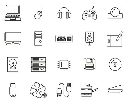 Computer Hardware Icons Thin Line Set Big 스톡 일러스트