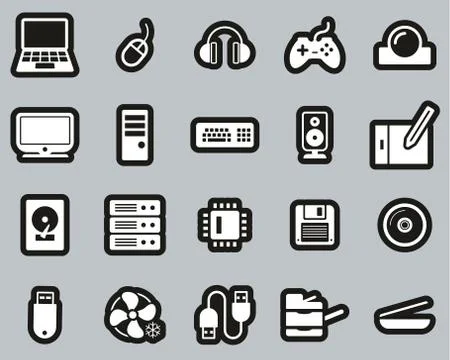Computer Hardware Icons White On Black Sticker Set Big Stock Illustration