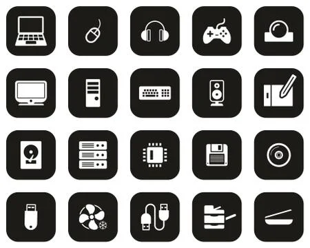 Computer Hardware Icons White On Black Flat Design Set Big Stock Illustration